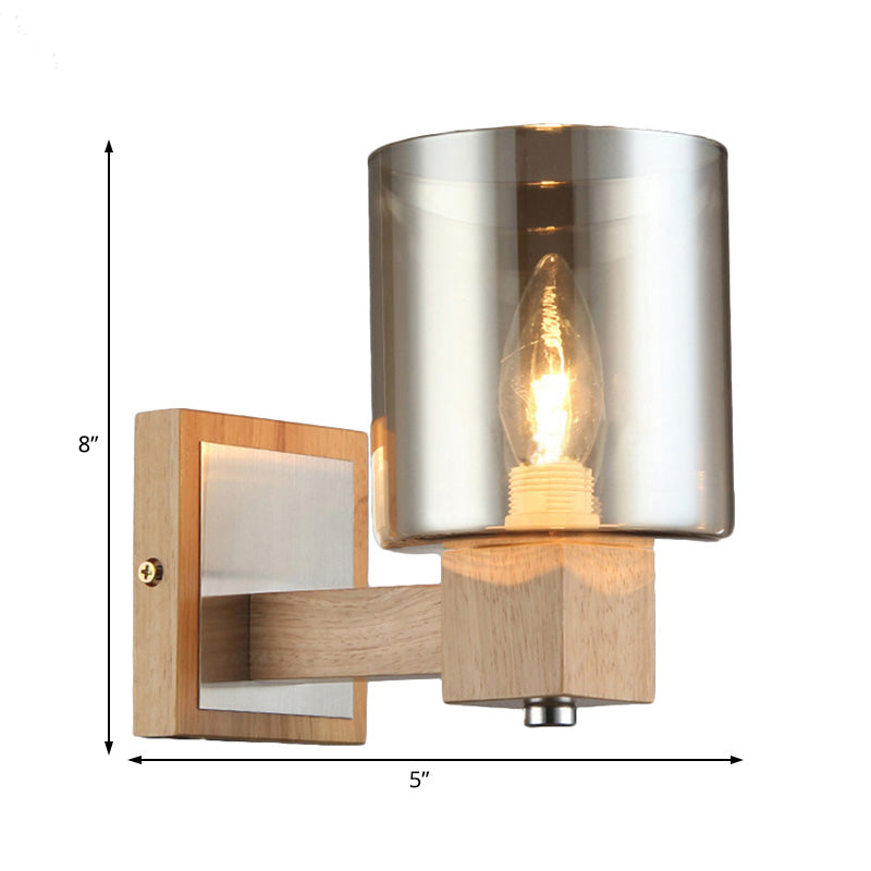 Vintage 1 Light Wall Mount Lamp with Smoke Glass Shade Natural Wood Cylindrical Sconce Light Fixture Clearhalo 'Cast Iron' 'Glass' 'Industrial' 'Modern wall lights' 'Modern' 'Tiffany' 'Traditional wall lights' 'Wall Lamps & Sconces' 'Wall Lights' Lighting' 128540