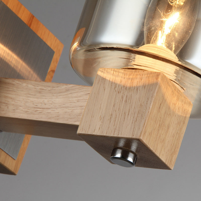 Vintage 1 Light Wall Mount Lamp with Smoke Glass Shade Natural Wood Cylindrical Sconce Light Fixture Clearhalo 'Cast Iron' 'Glass' 'Industrial' 'Modern wall lights' 'Modern' 'Tiffany' 'Traditional wall lights' 'Wall Lamps & Sconces' 'Wall Lights' Lighting' 128541