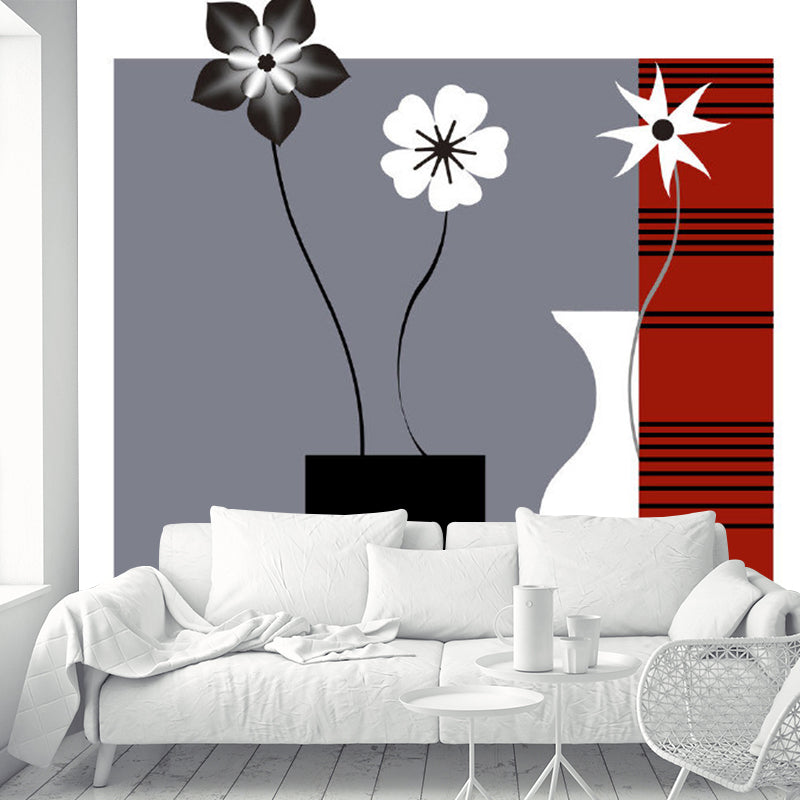 Red-Black Minimalist Wall Mural Decal Large Flower and Vase Pattern Wall Covering for Decor Red-Black A Clearhalo 'Wall Decor' 'Wall Mural' 1285527
