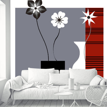 Red-Black Minimalist Wall Mural Decal Large Flower and Vase Pattern Wall Covering for Decor Red-Black A Clearhalo 'Wall Decor' 'Wall Mural' 1285527