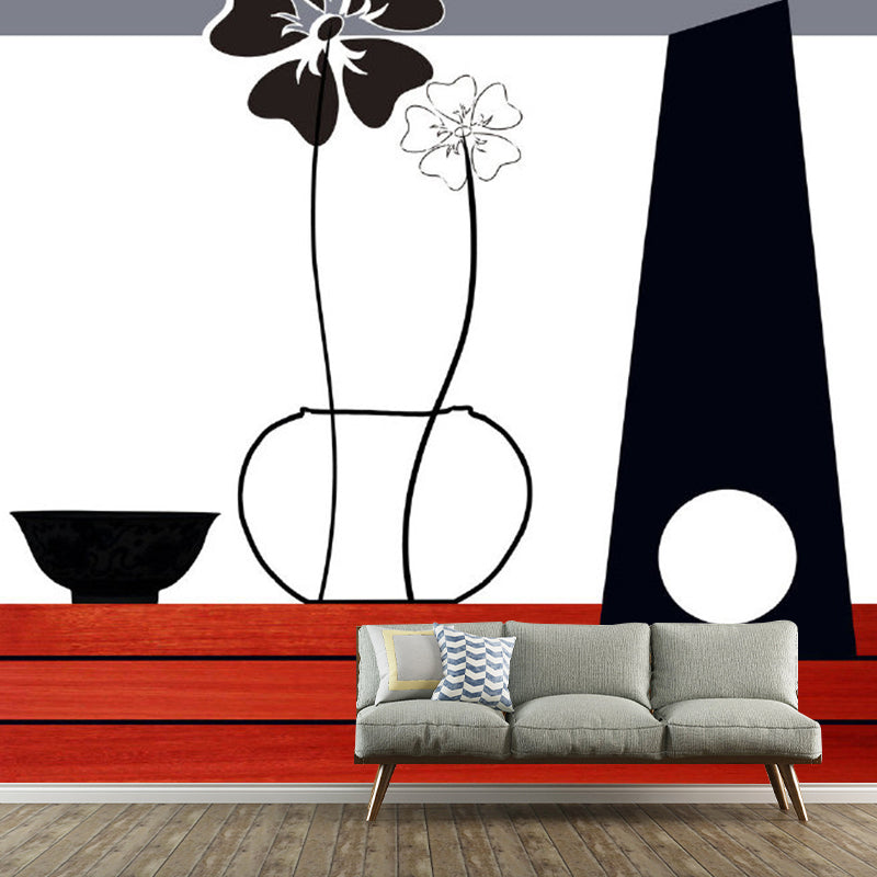 Red-Black Minimalist Wall Mural Decal Large Flower and Vase Pattern Wall Covering for Decor Clearhalo 'Wall Decor' 'Wall Mural' 1285534