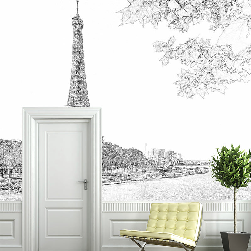 Modern Eiffel Tower Wallpaper Murals Black-White River Seine Scene Wall Art for Decoration Clearhalo 'Wall Decor' 'Wall Mural' 1285584