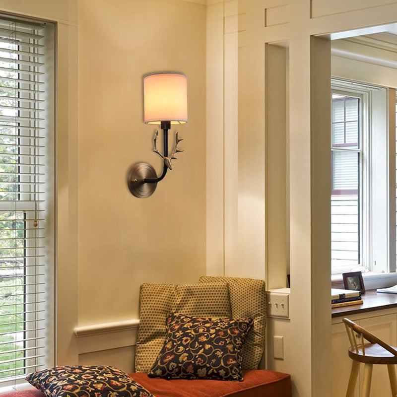 Modernism 1/2 Lights Wall Sconce with Fabric Shade Black/Gold Cylinder Wall Mount Light Fixture with Metal Antler Clearhalo 'Cast Iron' 'Glass' 'Industrial' 'Modern wall lights' 'Modern' 'Tiffany' 'Traditional wall lights' 'Wall Lamps & Sconces' 'Wall Lights' Lighting' 128583