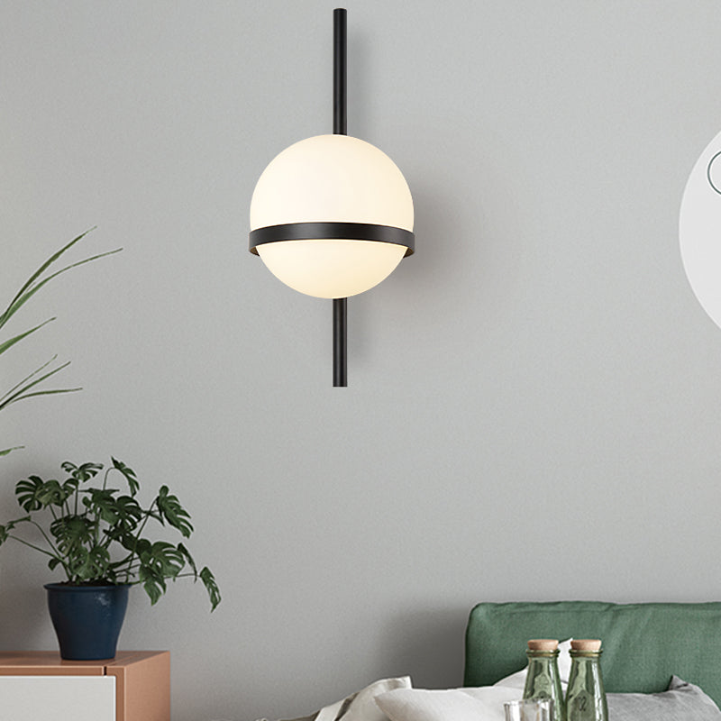 Black/Gold Vertical Wall Sconce Fixture Modern 1 Head Metal Wall Lamp with Orbit Opal Glass Shade, 6"/8" Width Black Clearhalo 'Cast Iron' 'Glass' 'Industrial' 'Modern wall lights' 'Modern' 'Tiffany' 'Traditional wall lights' 'Wall Lamps & Sconces' 'Wall Lights' Lighting' 128797