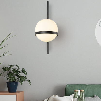 Black/Gold Vertical Wall Sconce Fixture Modern 1 Head Metal Wall Lamp with Orbit Opal Glass Shade, 6"/8" Width Black Clearhalo 'Cast Iron' 'Glass' 'Industrial' 'Modern wall lights' 'Modern' 'Tiffany' 'Traditional wall lights' 'Wall Lamps & Sconces' 'Wall Lights' Lighting' 128797