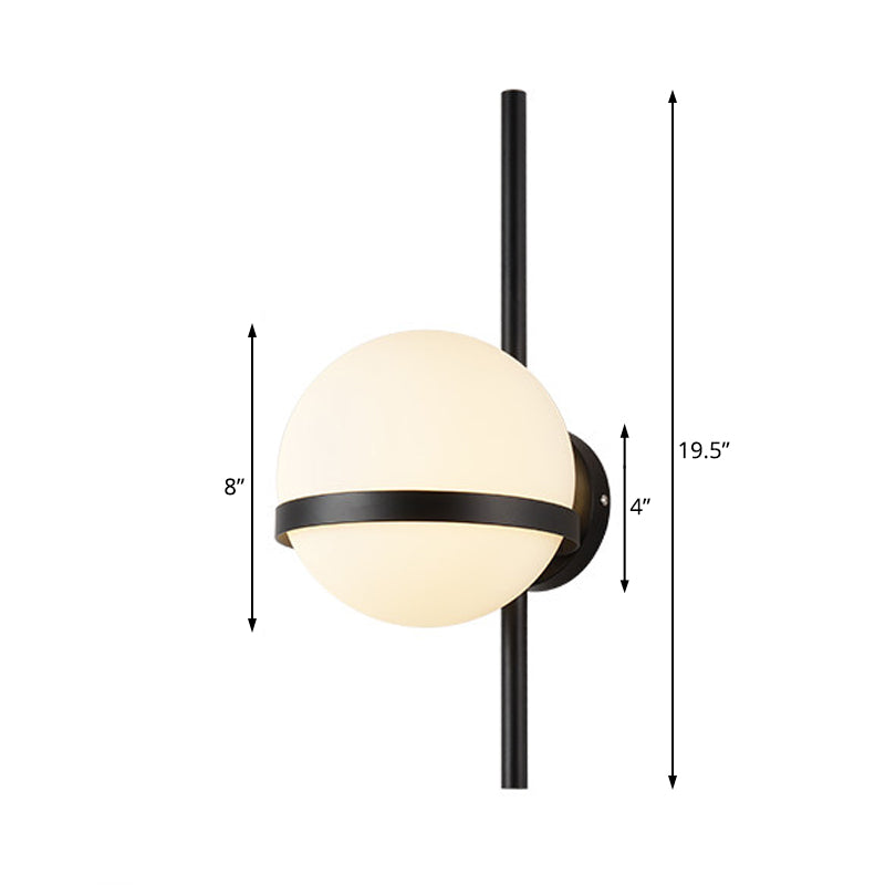 Black/Gold Vertical Wall Sconce Fixture Modern 1 Head Metal Wall Lamp with Orbit Opal Glass Shade, 6"/8" Width Clearhalo 'Cast Iron' 'Glass' 'Industrial' 'Modern wall lights' 'Modern' 'Tiffany' 'Traditional wall lights' 'Wall Lamps & Sconces' 'Wall Lights' Lighting' 128801
