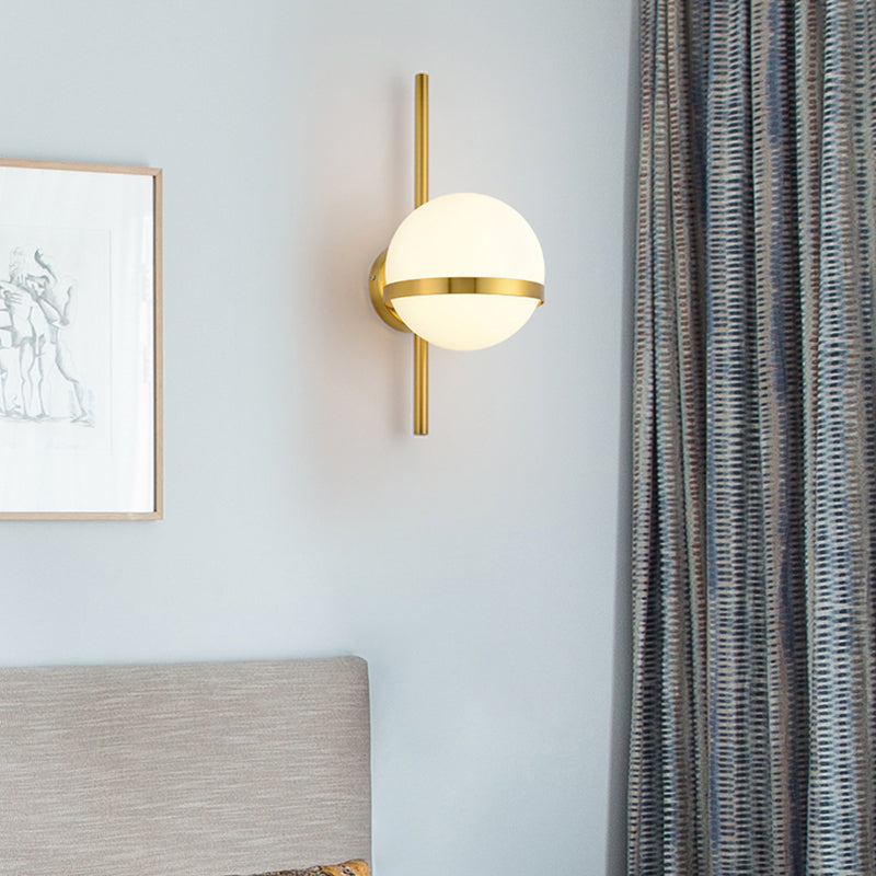 Black/Gold Vertical Wall Sconce Fixture Modern 1 Head Metal Wall Lamp with Orbit Opal Glass Shade, 6"/8" Width Gold Clearhalo 'Cast Iron' 'Glass' 'Industrial' 'Modern wall lights' 'Modern' 'Tiffany' 'Traditional wall lights' 'Wall Lamps & Sconces' 'Wall Lights' Lighting' 128802