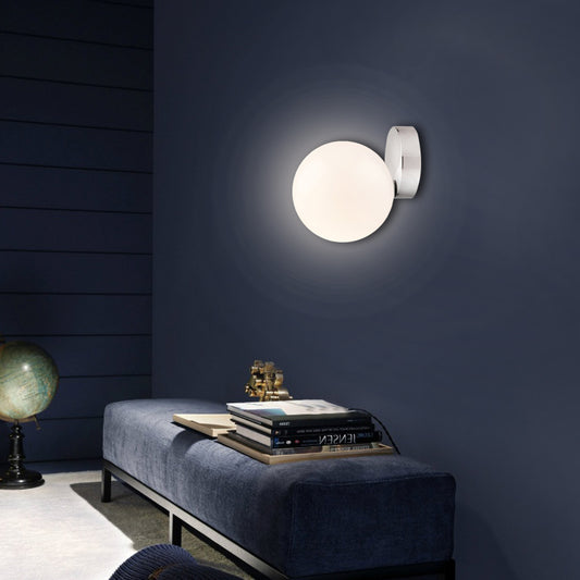 Round Ball Wall Light Sconce Modern Style Milk Glass 6"/8" W 1 Bulb Silver Finish Wall Mounted Lamp for Living Room Silver Clearhalo 'Cast Iron' 'Glass' 'Industrial' 'Modern wall lights' 'Modern' 'Tiffany' 'Traditional wall lights' 'Wall Lamps & Sconces' 'Wall Lights' Lighting' 128805