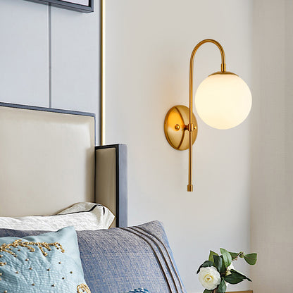 Golden Gooseneck Wall Sconce Modern 1 Head Metal Wall Lamp with Frosted Glass Ball Shade for Bedroom Gold A Clearhalo 'Cast Iron' 'Glass' 'Industrial' 'Modern wall lights' 'Modern' 'Tiffany' 'Traditional wall lights' 'Wall Lamps & Sconces' 'Wall Lights' Lighting' 128811