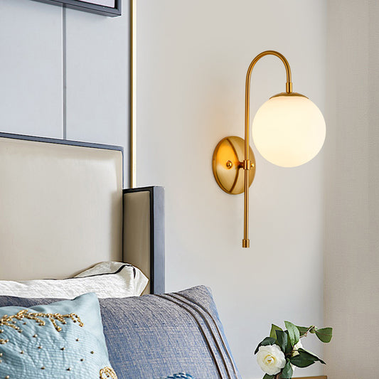Golden Gooseneck Wall Sconce Modern 1 Head Metal Wall Lamp with Frosted Glass Ball Shade for Bedroom Gold A Clearhalo 'Cast Iron' 'Glass' 'Industrial' 'Modern wall lights' 'Modern' 'Tiffany' 'Traditional wall lights' 'Wall Lamps & Sconces' 'Wall Lights' Lighting' 128811