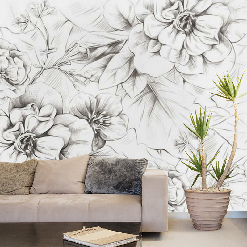 Peony Sketch Wall Paper Murals Modernist Waterproof Bedroom Wall Art, Made to Measure Clearhalo 'Wall Decor' 'Wall Mural' 1289026