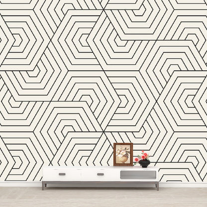 Non-Woven Waterproof Mural Modern Seamless Hexagonal Pattern Wall Art in Black-White Black-White Clearhalo 'Wall Decor' 'Wall Mural' 1289091