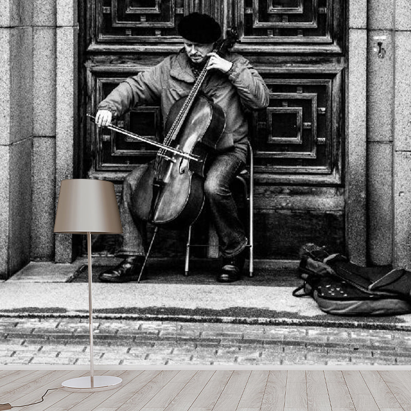 Photography Street Artist Wallpaper Mural for Home Decoration, Black-White, Custom Print Black-White Clearhalo 'Wall Decor' 'Wall Mural' 1289186