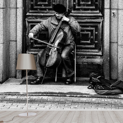 Photography Street Artist Wallpaper Mural for Home Decoration, Black-White, Custom Print Black-White Clearhalo 'Wall Decor' 'Wall Mural' 1289186