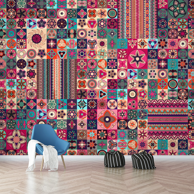 Bohemia Flower Patterned Murals Pink-Yellow Geometrical Wall Decoration ...