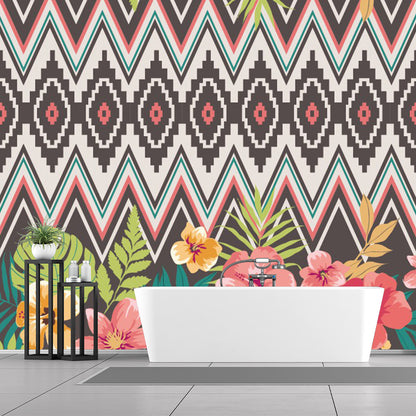 Flower-Edge Seamless Mural Wallpaper Bohemia Smooth Surface Wall Art in Pink-Green Pink-Green Clearhalo 'Wall Decor' 'Wall Mural' 1289291