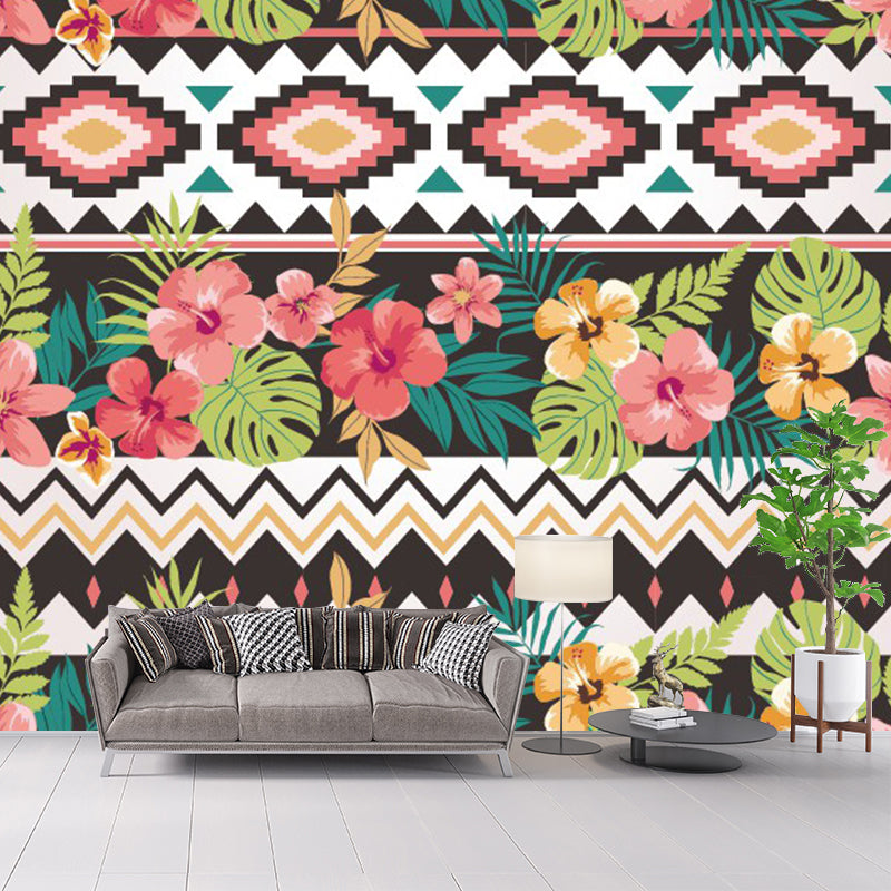 Whole Flower Print Wallpaper Mural for Bedroom Geometry Wall Decor in Pink-Yellow-Green, Washable Clearhalo 'Wall Decor' 'Wall Mural' 1289297