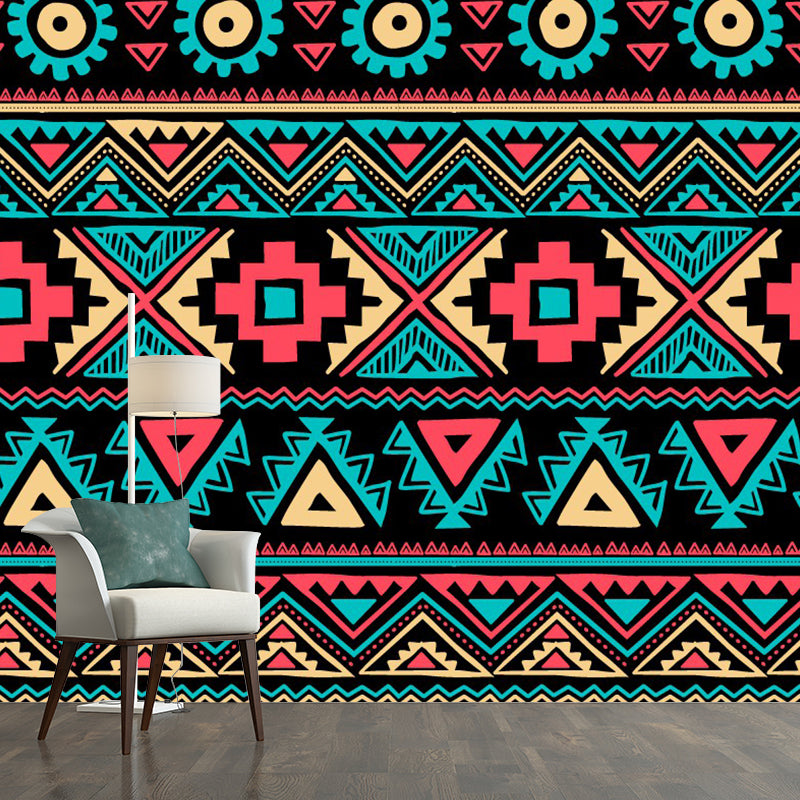 Boho-Chic Seamless Pattern Murals Red-Yellow-Green Bedroom Wall Covering, Custom Print Clearhalo 'Wall Decor' 'Wall Mural' 1289317