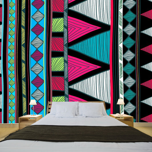 Custom Illustration Boho Mural Wallpaper with Seamless Geometric Pattern, Rose Red-Blue-Green