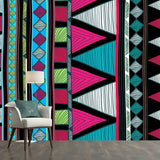 Custom Illustration Boho Mural Wallpaper with Seamless Geometric Pattern, Rose Red-Blue-Green