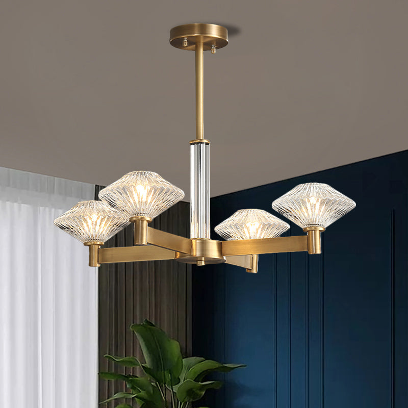4/6 Bulbs Pendant Chandelier Traditional Rhombic Crystal Radial Suspension Lighting in Gold Clearhalo 'Ceiling Lights' 'Chandeliers' Lighting' options 1289563