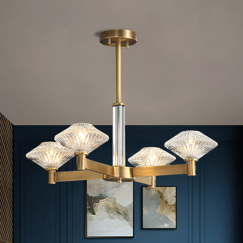 4/6 Bulbs Pendant Chandelier Traditional Rhombic Crystal Radial Suspension Lighting in Gold Clearhalo 'Ceiling Lights' 'Chandeliers' Lighting' options 1289564