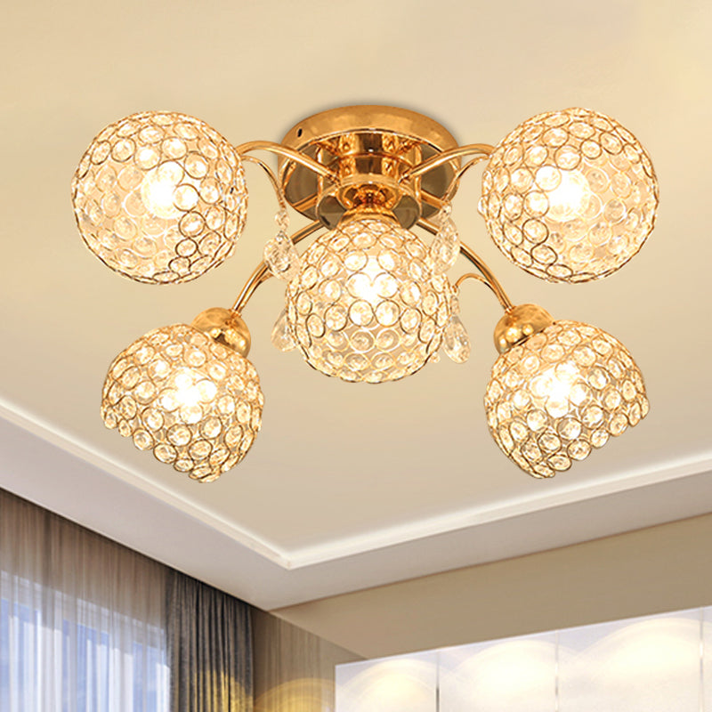 5 Heads Semi Flush Mount with Spherical Crystal Traditional Bedchamber Ceiling Mount Clearhalo 'Ceiling Lights' 'Close To Ceiling Lights' 'Close to ceiling' 'Semi-flushmount' Lighting' 1289584