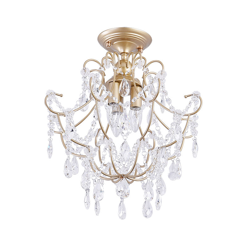 Gold Swooping Arm Semi Flush Light Contemporary Crystal Stands 3 Heads Porch Ceiling Flush