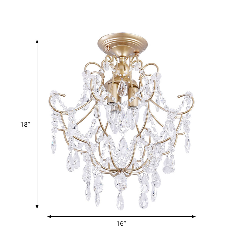 Gold Swooping Arm Semi Flush Light Contemporary Crystal Stands 3 Heads Porch Ceiling Flush