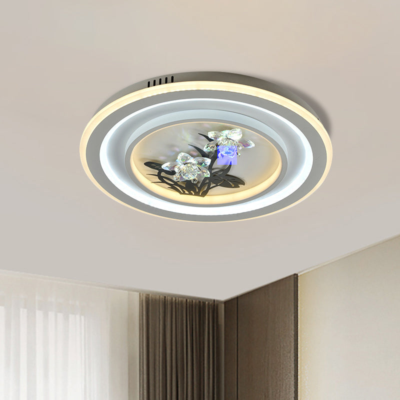 LED Metal Ceiling Fixture Contemporary White Round/Square Living Room Flush Mount Lamp with Flower Crystal Deco - White - Round - Clearhalo - 'Ceiling Lights' - 'Close To Ceiling Lights' - 'Close to ceiling' - 'Flush mount' - Lighting' - 1289607