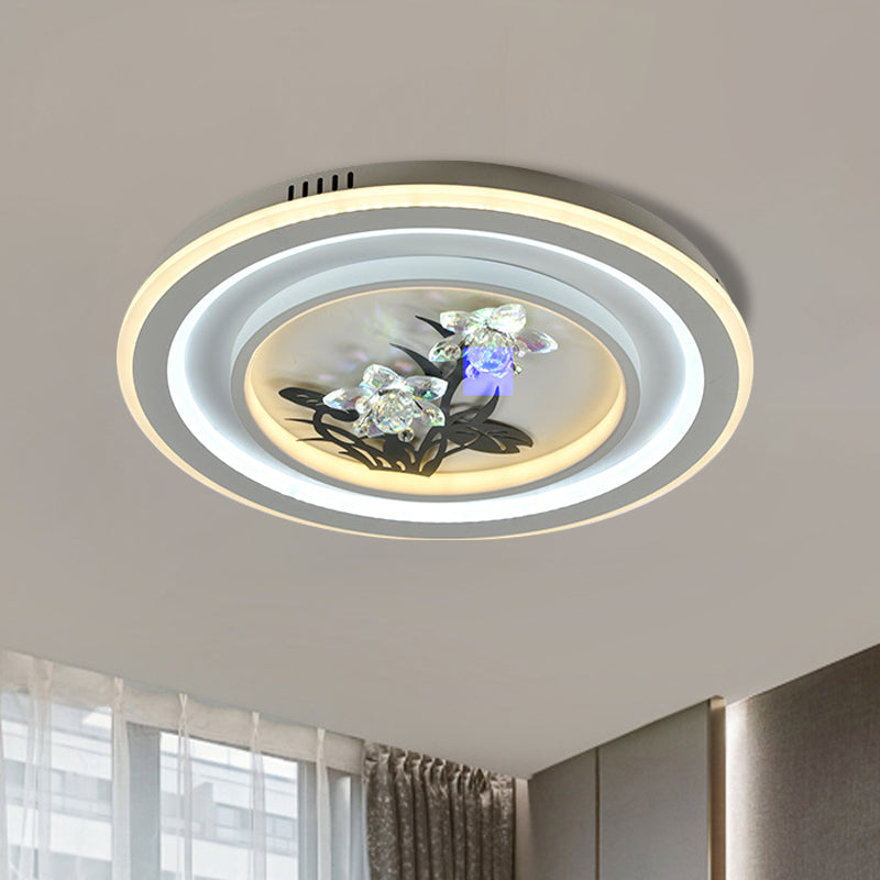 LED Metal Ceiling Fixture Contemporary White Round/Square Living Room Flush Mount Lamp with Flower Crystal Deco - Clearhalo - 'Ceiling Lights' - 'Close To Ceiling Lights' - 'Close to ceiling' - 'Flush mount' - Lighting' - 1289608