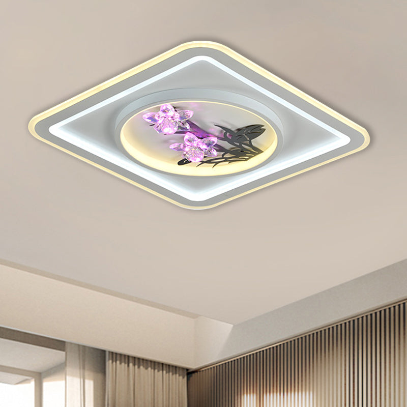 LED Metal Ceiling Fixture Contemporary White Round/Square Living Room Flush Mount Lamp with Flower Crystal Deco - White - Square Plate - Clearhalo - 'Ceiling Lights' - 'Close To Ceiling Lights' - 'Close to ceiling' - 'Flush mount' - Lighting' - 1289611