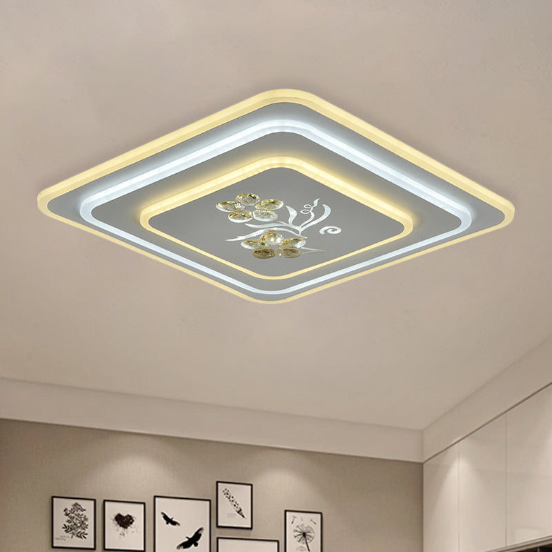 Round/Square Crystal Ceiling Lamp Contemporary LED Parlour Flush Mount Recessed Lighting in White White Square Plate Clearhalo 'Ceiling Lights' 'Close To Ceiling Lights' 'Close to ceiling' 'Flush mount' Lighting' 1289672