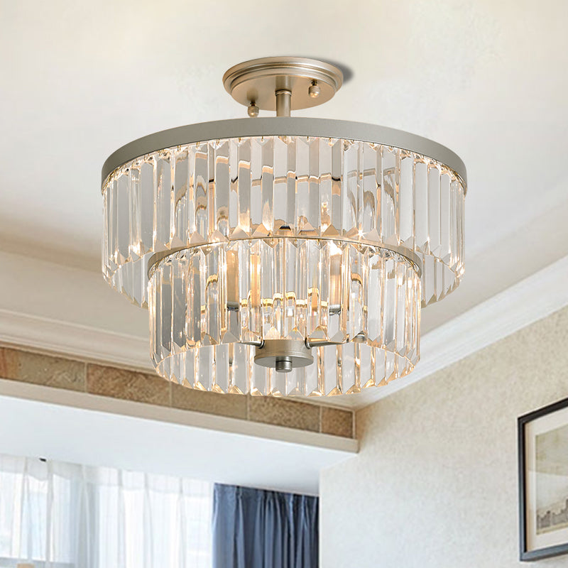 3 Bulbs Semi Flush Light with 2-Tier Cylinder Shade Clear Crystal Modern Dinning Room Ceiling Lamp Clear Clearhalo 'Ceiling Lights' 'Close To Ceiling Lights' 'Close to ceiling' 'Semi-flushmount' Lighting' 1289699