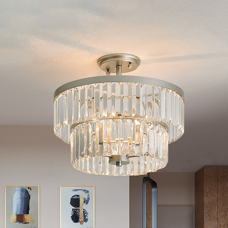 3 Bulbs Semi Flush Light with 2-Tier Cylinder Shade Clear Crystal Modern Dinning Room Ceiling Lamp Clearhalo 'Ceiling Lights' 'Close To Ceiling Lights' 'Close to ceiling' 'Semi-flushmount' Lighting' 1289700