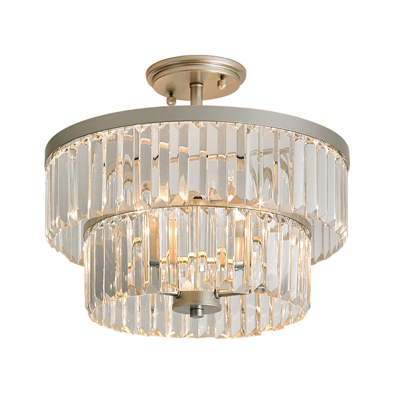 3 Bulbs Semi Flush Light with 2-Tier Cylinder Shade Clear Crystal Modern Dinning Room Ceiling Lamp Clearhalo 'Ceiling Lights' 'Close To Ceiling Lights' 'Close to ceiling' 'Semi-flushmount' Lighting' 1289701