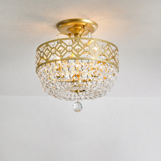 3 Heads Light Fixture with Dropped Ball Crystal Contemporary Porch Semi-Flush Mount in Gold Clearhalo 'Ceiling Lights' 'Close To Ceiling Lights' 'Close to ceiling' 'Semi-flushmount' Lighting' 1289704