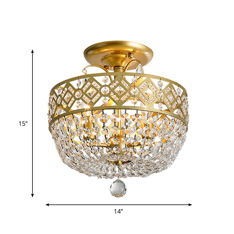 3 Heads Light Fixture with Dropped Ball Crystal Contemporary Porch Semi-Flush Mount in Gold Clearhalo 'Ceiling Lights' 'Close To Ceiling Lights' 'Close to ceiling' 'Semi-flushmount' Lighting' 1289706