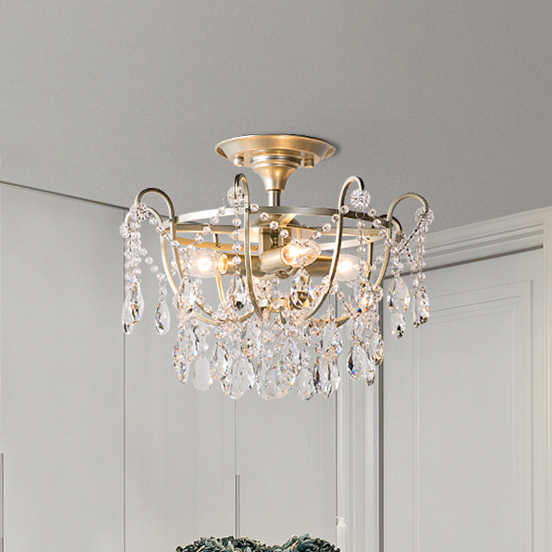 Gold Raindrop Semi Flush Light Traditional Crystal 4 Bulbs Drawing Room Ceiling Fixture
