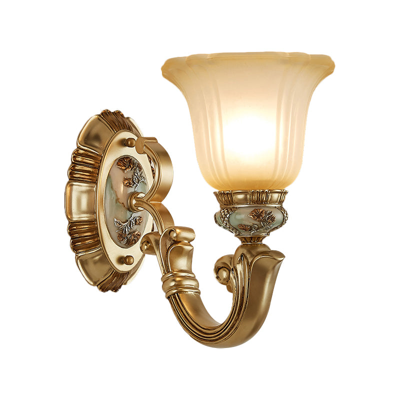 1/2-Light Sconce Lighting Retro Living Room Wall Lamp with Bell Frosted Glass Shade in Gold Clearhalo 'Wall Lamps & Sconces' 'Wall Lights' Lighting' 1289825