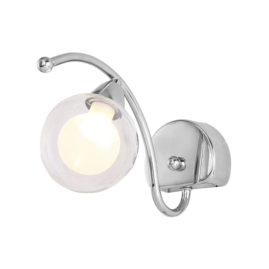 Modern Globe Wall Lamp Clear Glass 1 Light Bedroom Led Wall Light Sconce in Chrome with Curved Arm Clearhalo 'Cast Iron' 'Glass' 'Industrial' 'Modern wall lights' 'Modern' 'Tiffany' 'Traditional wall lights' 'Wall Lamps & Sconces' 'Wall Lights' Lighting' 128986