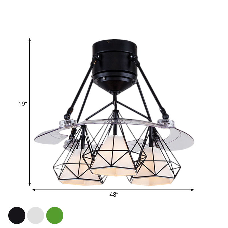 Metal Diamond Frame Semi Flush Minimalism 3-Light Black/White/Green 4-Blade Ceiling Fan Lighting for Bedroom, 48" Wide Clearhalo 'Ceiling Fans with Lights' 'Ceiling Fans' 'Modern Ceiling Fans' 'Modern' Lighting' 1289892