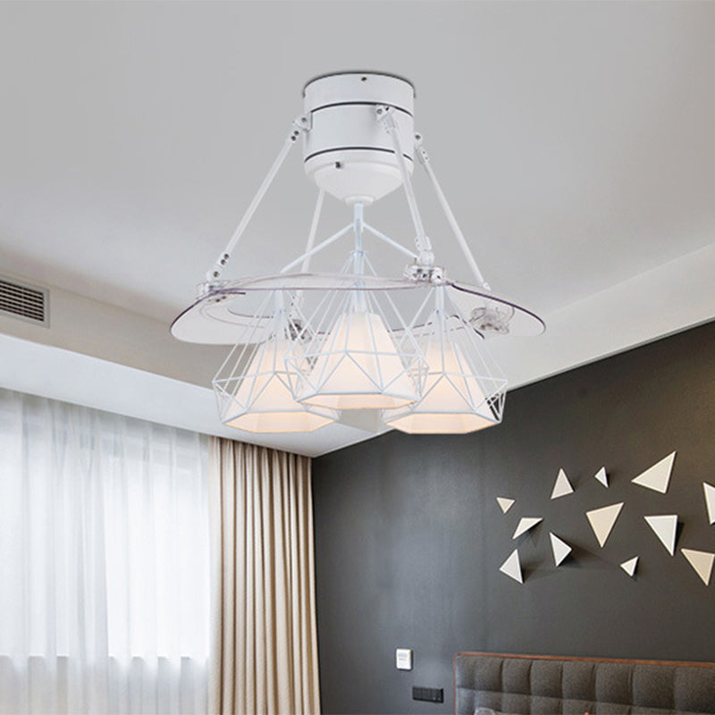 Metal Diamond Frame Semi Flush Minimalism 3-Light Black/White/Green 4-Blade Ceiling Fan Lighting for Bedroom, 48" Wide Clearhalo 'Ceiling Fans with Lights' 'Ceiling Fans' 'Modern Ceiling Fans' 'Modern' Lighting' 1289894