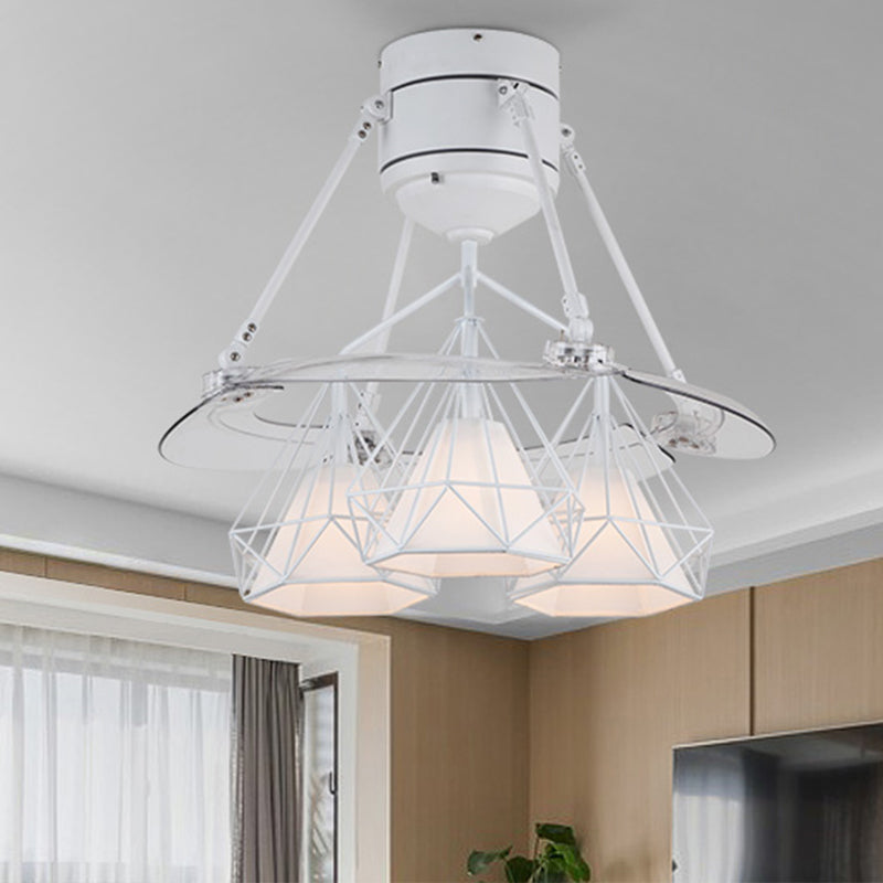 Metal Diamond Frame Semi Flush Minimalism 3-Light Black/White/Green 4-Blade Ceiling Fan Lighting for Bedroom, 48" Wide Clearhalo 'Ceiling Fans with Lights' 'Ceiling Fans' 'Modern Ceiling Fans' 'Modern' Lighting' 1289895