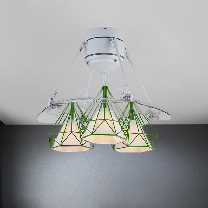 Metal Diamond Frame Semi Flush Minimalism 3-Light Black/White/Green 4-Blade Ceiling Fan Lighting for Bedroom, 48" Wide Clearhalo 'Ceiling Fans with Lights' 'Ceiling Fans' 'Modern Ceiling Fans' 'Modern' Lighting' 1289898