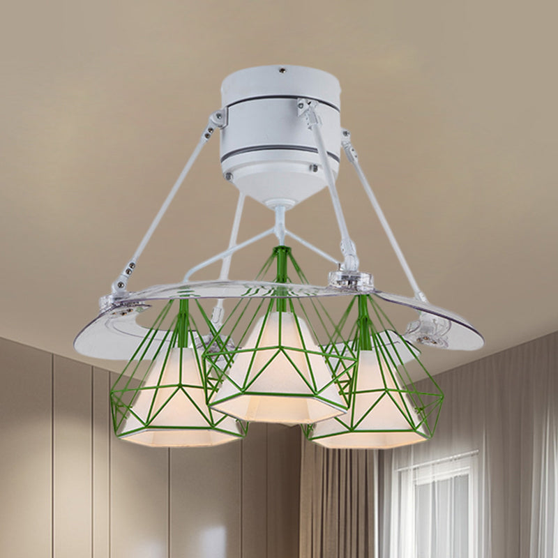 Metal Diamond Frame Semi Flush Minimalism 3-Light Black/White/Green 4-Blade Ceiling Fan Lighting for Bedroom, 48" Wide Clearhalo 'Ceiling Fans with Lights' 'Ceiling Fans' 'Modern Ceiling Fans' 'Modern' Lighting' 1289899