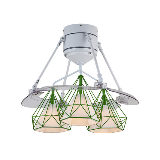 Metal Diamond Frame Semi Flush Minimalism 3-Light Black/White/Green 4-Blade Ceiling Fan Lighting for Bedroom, 48" Wide Clearhalo 'Ceiling Fans with Lights' 'Ceiling Fans' 'Modern Ceiling Fans' 'Modern' Lighting' 1289900