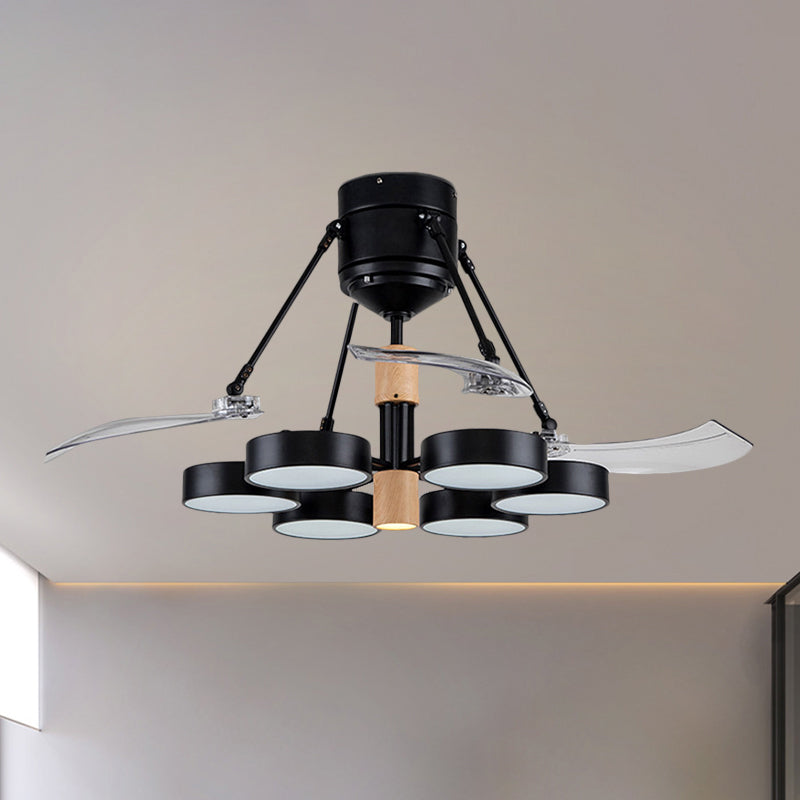 Simplicity Drum Pendant Fan Light Metallic 6-Head 48" W Drawing Room Close to Ceiling Lamp with 4 Clear Blades in Black/White/Pink Clearhalo 'Ceiling Fans with Lights' 'Ceiling Fans' 'Modern Ceiling Fans' 'Modern' Lighting' 1289913