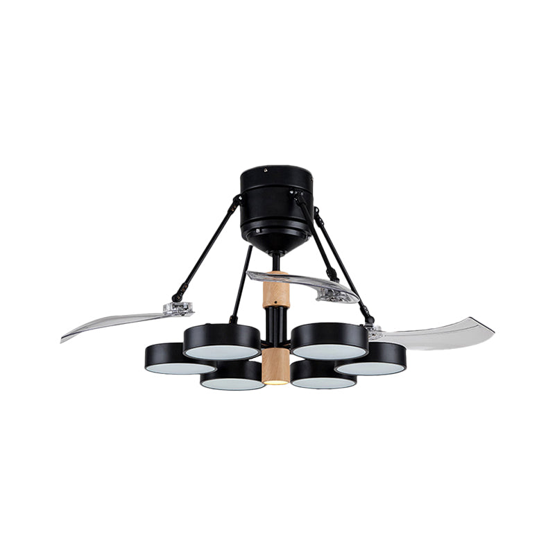 Simplicity Drum Pendant Fan Light Metallic 6-Head 48" W Drawing Room Close to Ceiling Lamp with 4 Clear Blades in Black/White/Pink Clearhalo 'Ceiling Fans with Lights' 'Ceiling Fans' 'Modern Ceiling Fans' 'Modern' Lighting' 1289914