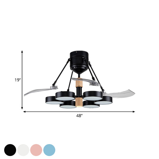 Simplicity Drum Pendant Fan Light Metallic 6-Head 48" W Drawing Room Close to Ceiling Lamp with 4 Clear Blades in Black/White/Pink Clearhalo 'Ceiling Fans with Lights' 'Ceiling Fans' 'Modern Ceiling Fans' 'Modern' Lighting' 1289915